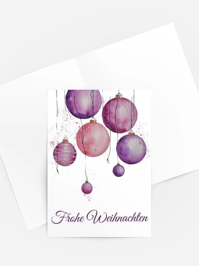 Weihnachtskarte „Lila Zauber“ mit Aquarell-Kugeln Weihnachtskarte „Lila Zauber“ mit Aquarell-Kugeln