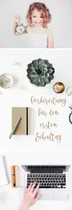 Schriftzug "Vorbereitung für den ersten Schultag" auf weißem Hintergrund, Stift und Notizbuch daneben