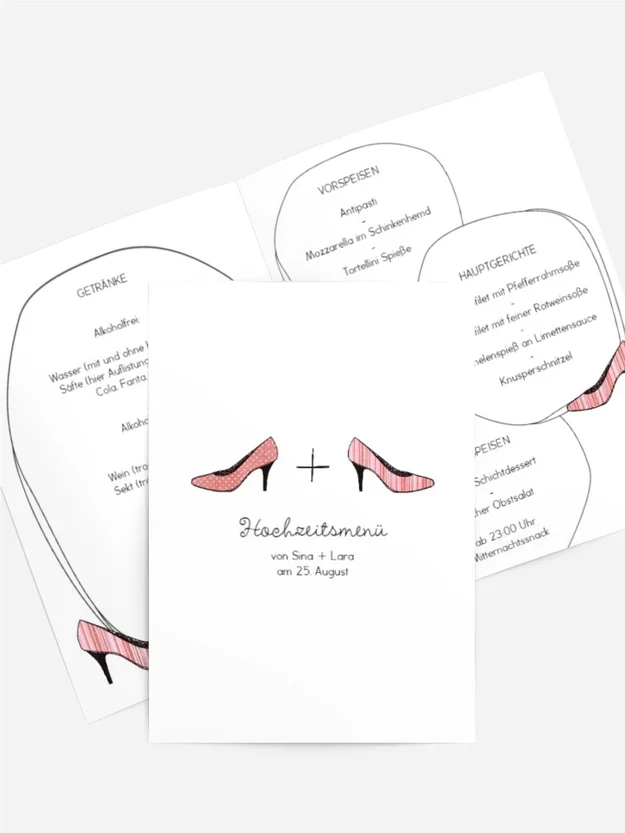 Menükarte zur Hochzeit High Heels