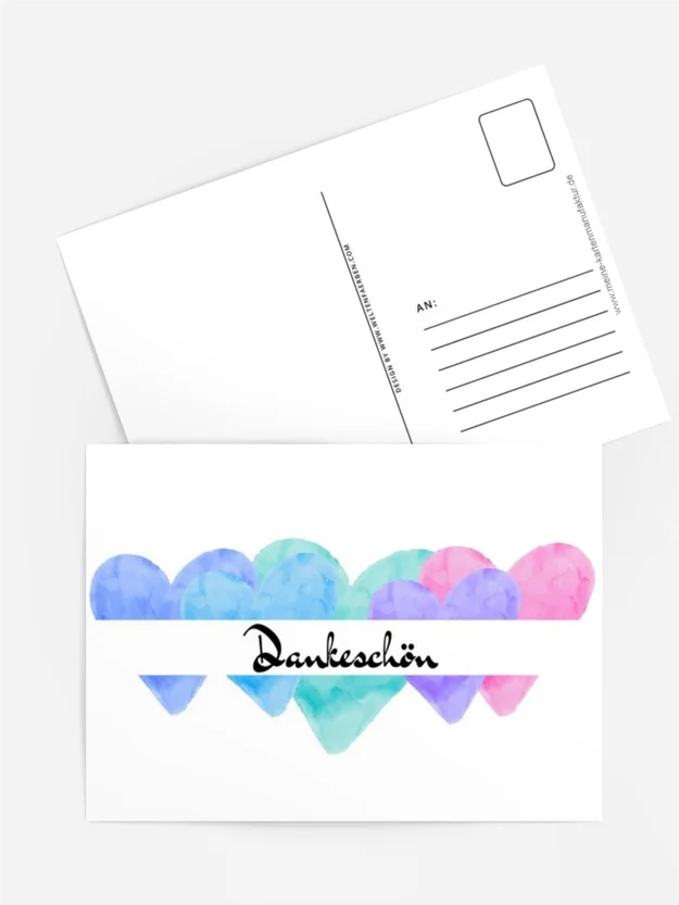 Postkarte „Dankeschön“ – Aquarellherzen in Blau und Rosa