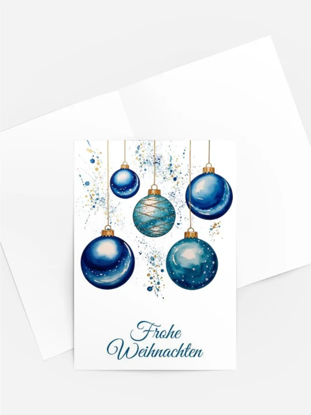 Weihnachtskarte „Blauer Glanz“ mit Aquarell-Kugeln