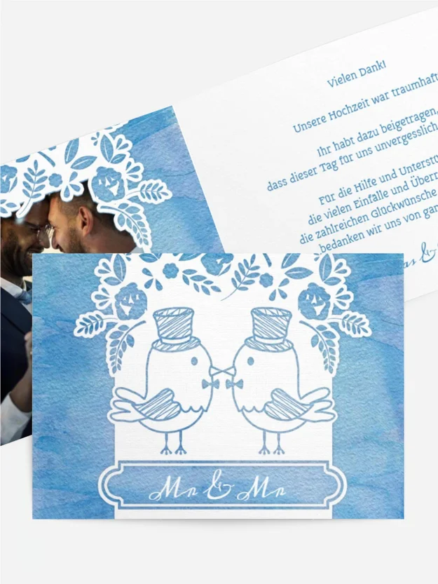 Dankeskarte Hochzeit "Vogelpaar Zylinder"