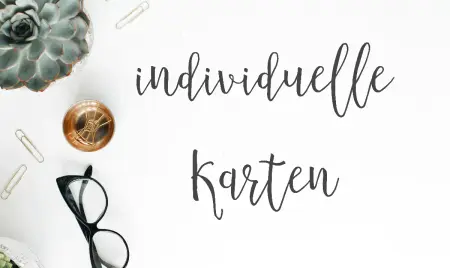 Individuelle Karten als Schriftzug auf weißem Hintergrund abgebildet, Dekoration im Vintage Stil wie schwarze Brille und goldene Schüssel