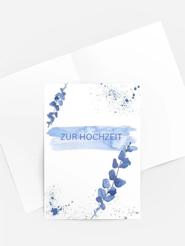 Aquarellkarte „Zur Hochzeit“ in Blau mit Eukalyptuszweigen