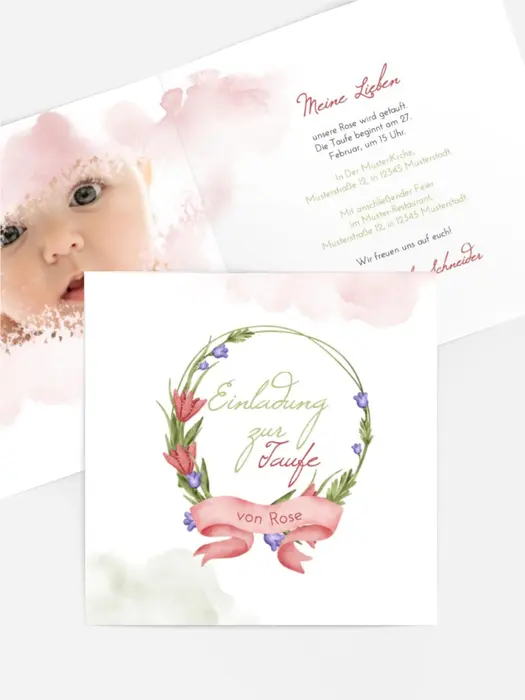 Einladungskarte Taufe Kranz aus Blumen