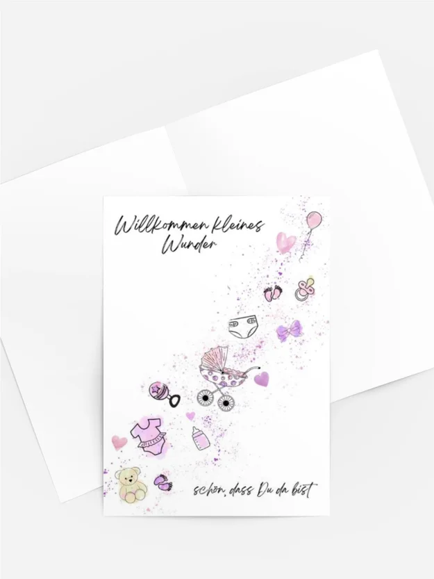 Willkommen kleines Wunder – Aquarell Babykarte in Rosa & Lila