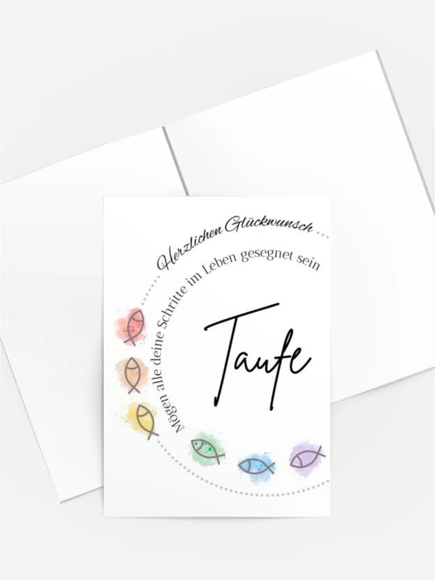 Aquarell Taufkarte mit bunten Fischen – Segenswünsche zur Taufe