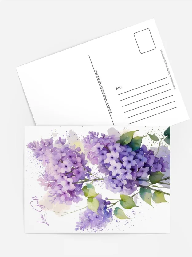 Aquarellkarte „Lieber Gruß“ – Fliederblüten in sanftem Violett