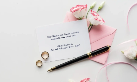 Glückwunschkarte mit geschriebenem Spruch, Füller liegt auf der Karte und zwei Ringe in Gold daneben.