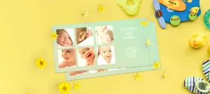 Danksagung auf Dankeskarte zur Geburt, mit Fotos des Babys im Collage Stil, gelber Hintergrund
