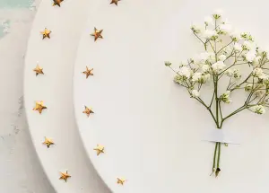 Festlicher Tisch für Kindergeburtstag, Geschirr in weiß mit Sternen in Gold