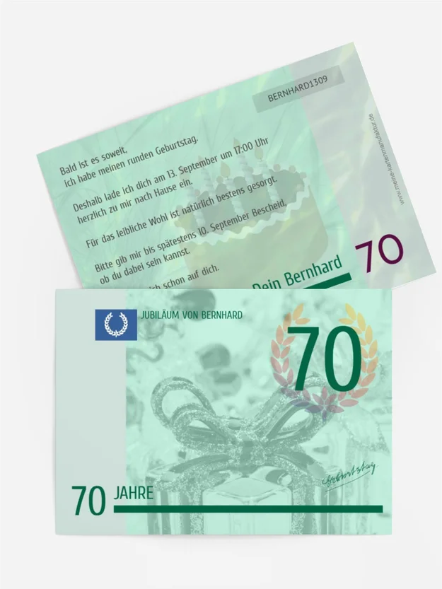Einladungskarte zum Geburtstag Geldschein 70