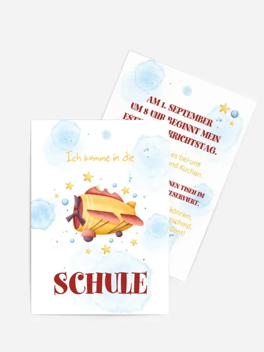 Einladungskarte Einschulung Schulflugzeug