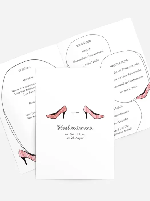 Menükarte zur Hochzeit High Heels
