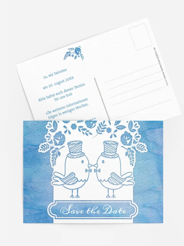 Save the Date Karte zur Hochzeit Vogelpaar Zylinder