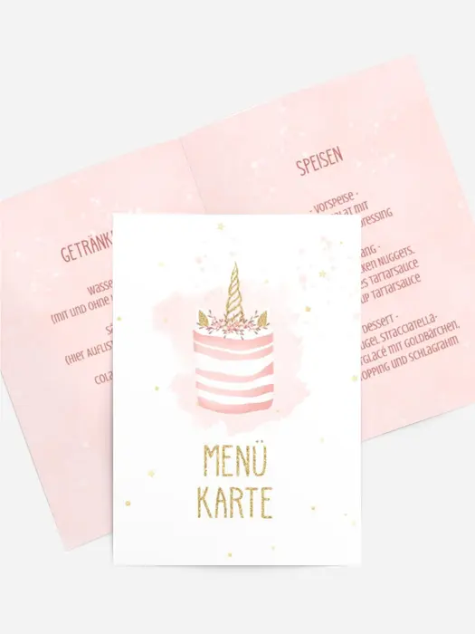Menükarte Geburtstag Einhorn-Kuchen