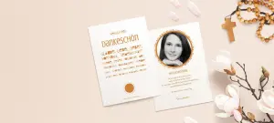 Konfirmationskarte mit Foto des Kindes, Blumen und Rosenkranz mit Kreuz im Hintergrund
