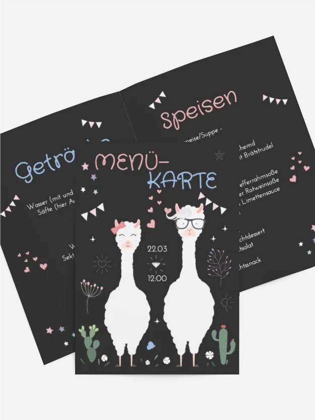Menükarte Lamas Hochzeit