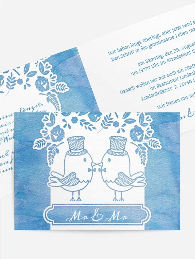 Hochzeitseinladung Vogelpaar Zylinder