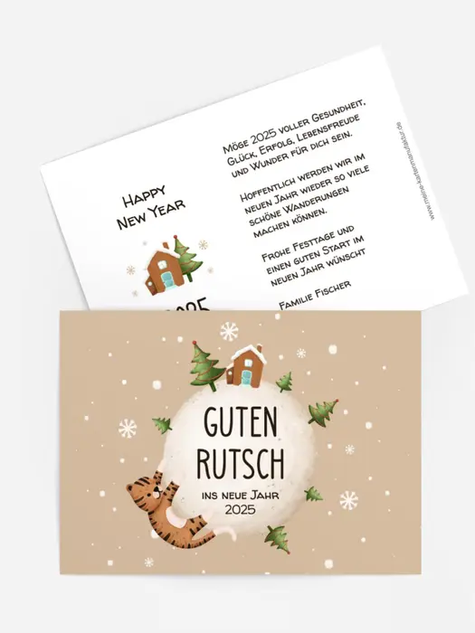 Neujahrskarte  Tiger und Schneekugel