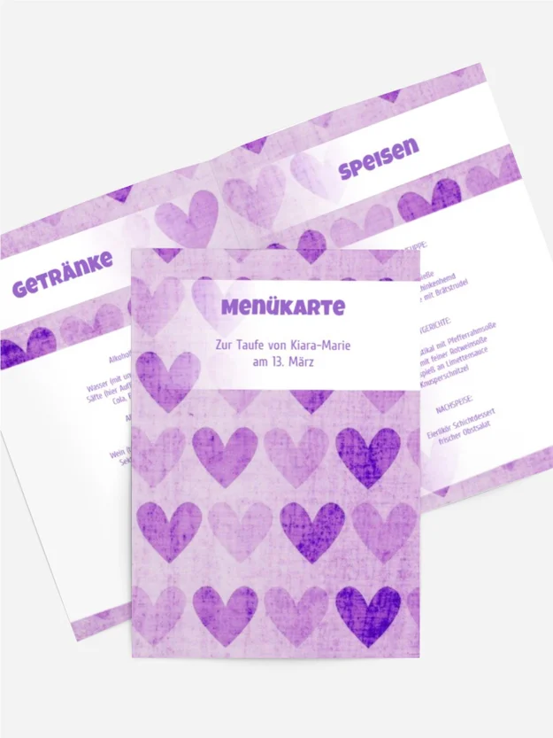 Menükarte Taufe voller Herzen
