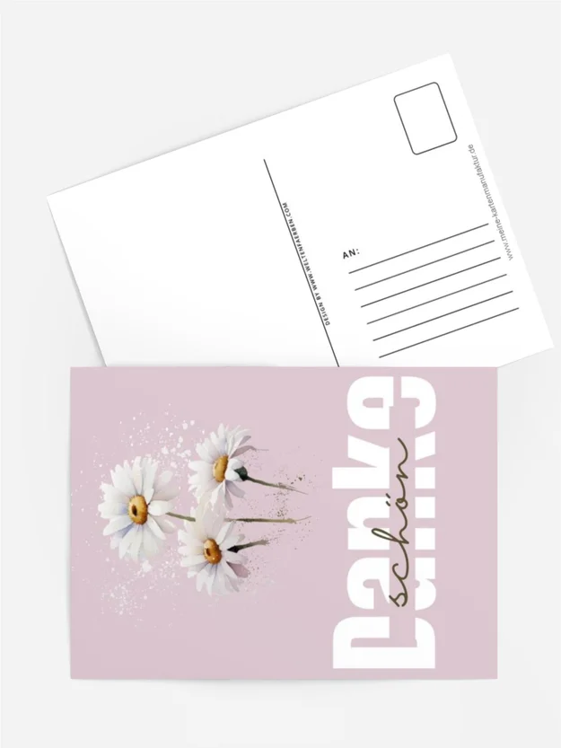 Postkarte „Dankeschön“ – Gänseblümchen auf zartem Rosa