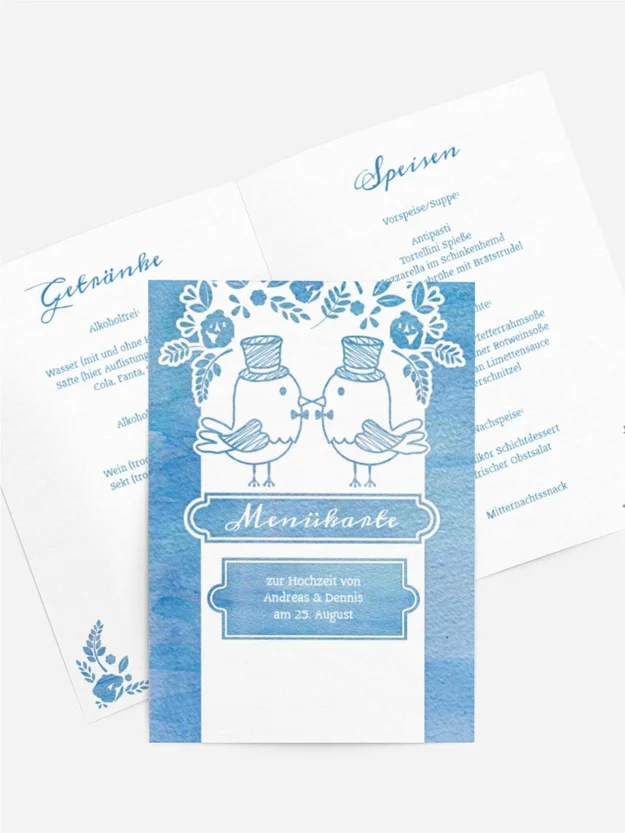 Hochzeitsmenükarte Vogelpaar Zylinder