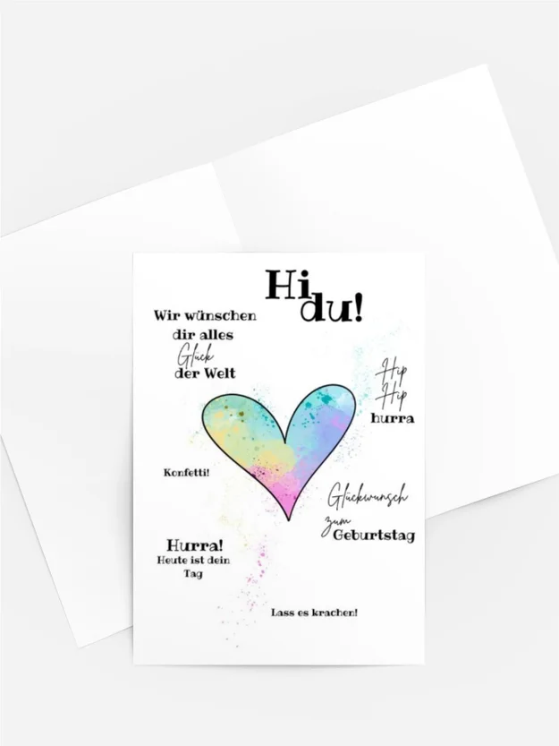 Geburtstagskarte „Hi du!“ – Herz & Aquarellspritzer