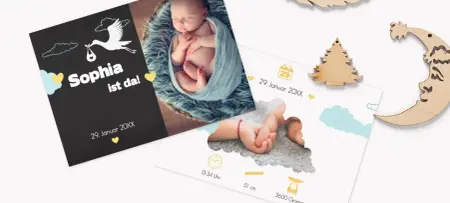 Geburtskarte mit Storch und Foto des kleinen Babys