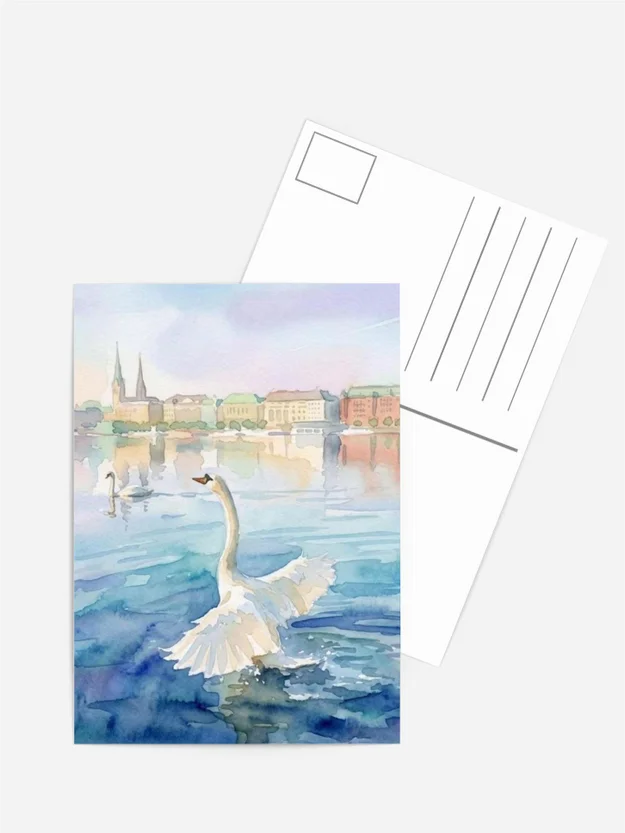 Grußkarte Aquarell Hamburg Schwan am Jungfernstieg