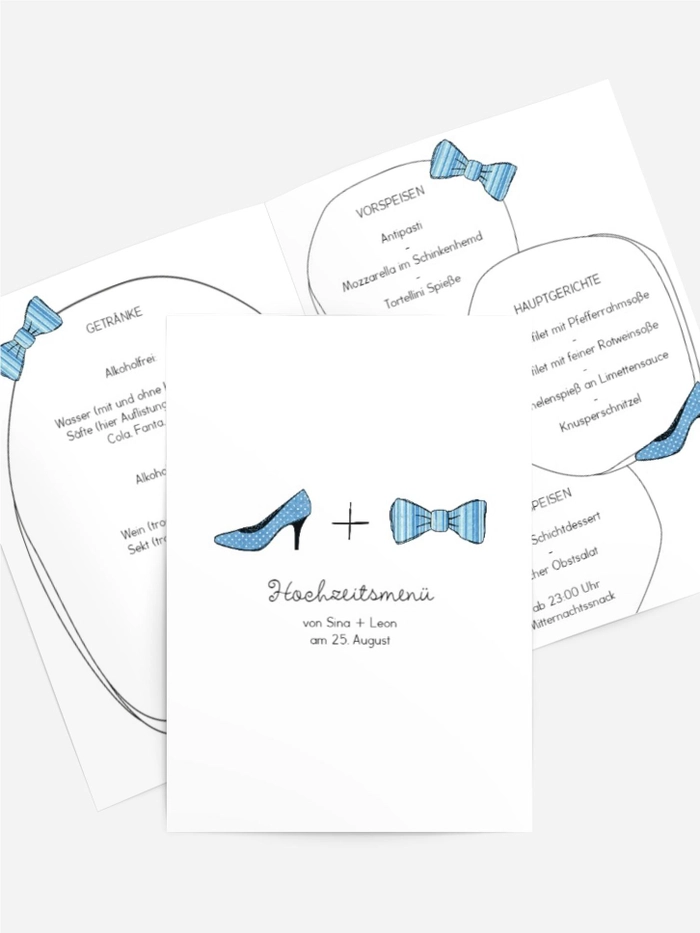 Menükarte zur Hochzeit High Heel und Fliege
