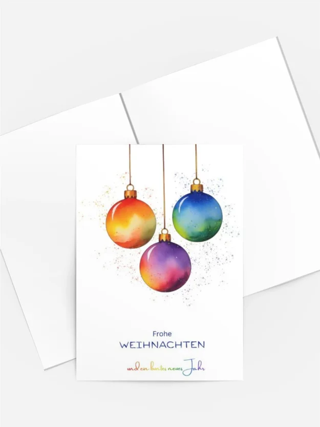 Aquarell Weihnachtskarte „Bunte Christbaumkugeln voller Freude“