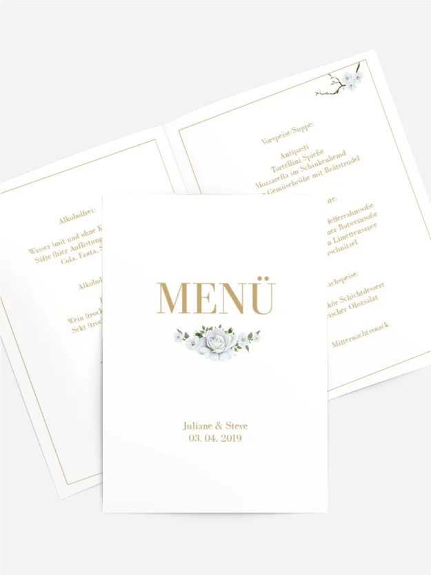 Menükarte zur Hochzeit Weiße Rose