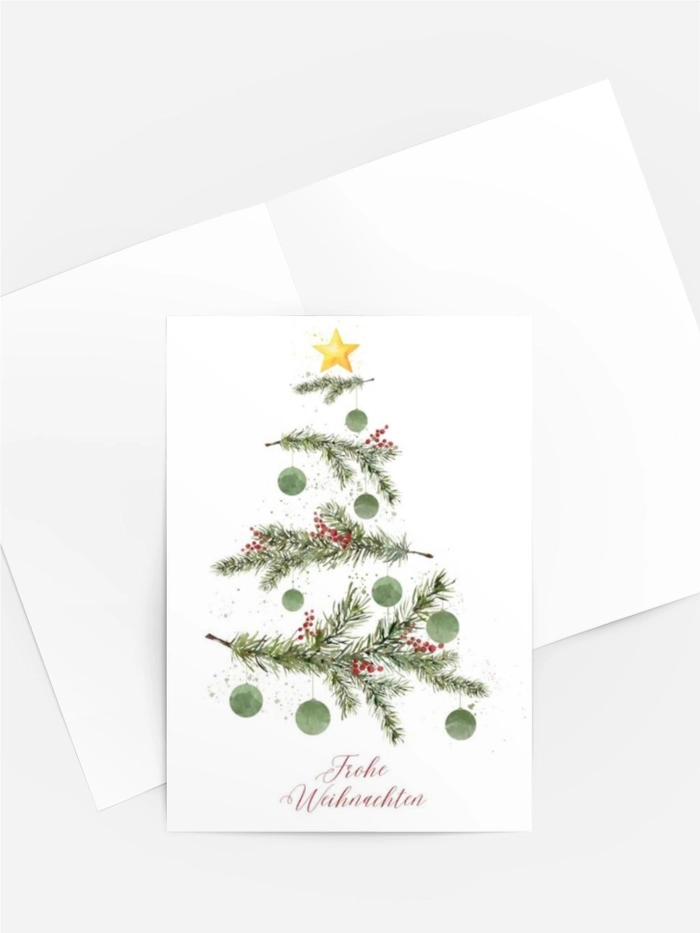 Aquarell Weihnachtskarte „Tannenbaum mit Stern“ in Grün und Rot Aquarell Weihnachtskarte „Tannenbaum mit Stern“ in Grün und Rot