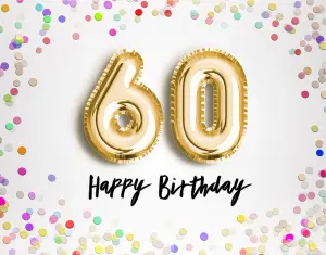 Motiv für eine lustige Einladungskarte zur Feier des 60. Geburtstag mit Konfetti und goldenen Ballons
