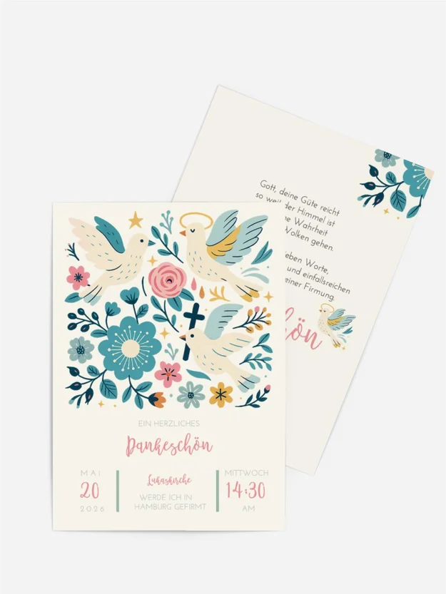 Dankeskarte Firmung Vögel in Blumen