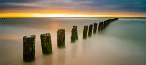 Sterbebild Trauer Motiv See mit Holzsäulen im Sonnenuntergang