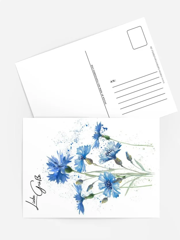 Postkarte „Liebe Grüße“ – Kornblumen in Aquarellblau