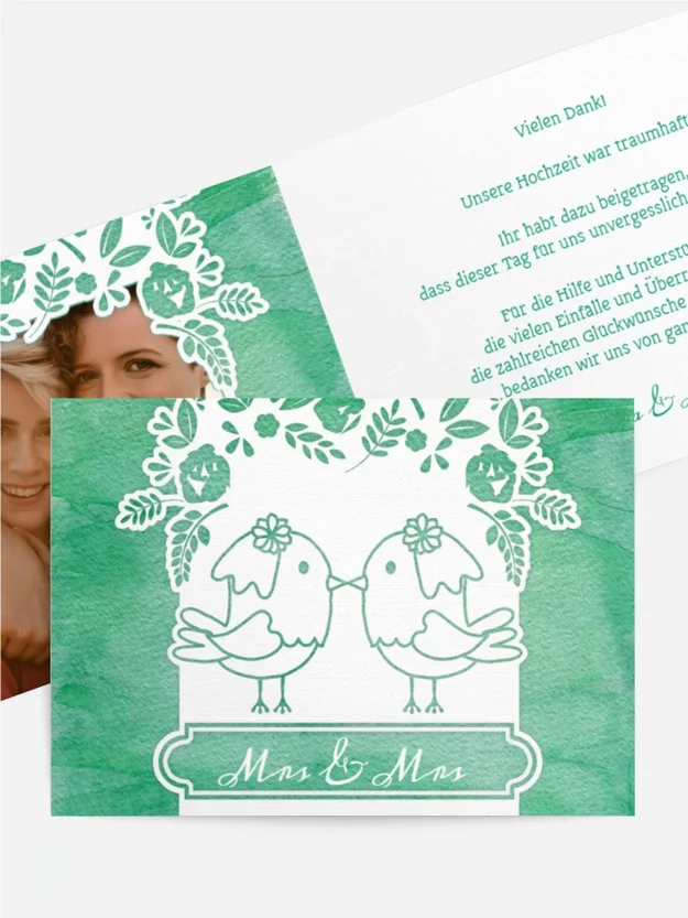 Dankeskarte Hochzeit "Vogelpaar Brautkleid" Dankeskarte Hochzeit "Vogelpaar Brautkleid"