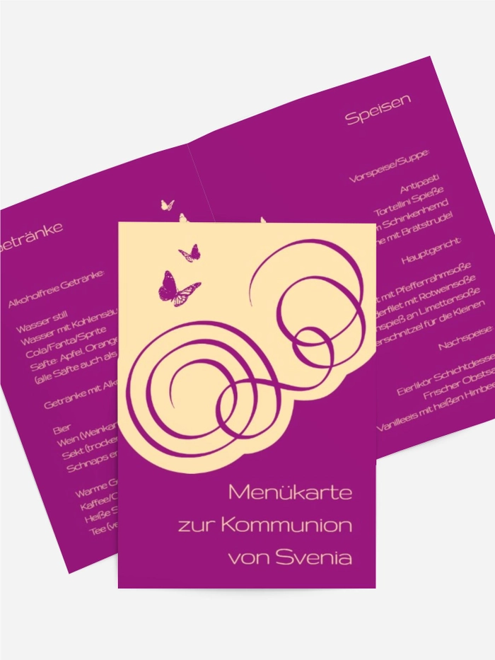 Kommunion Menuekarte Butterfly Kommunion Menuekarte Butterfly