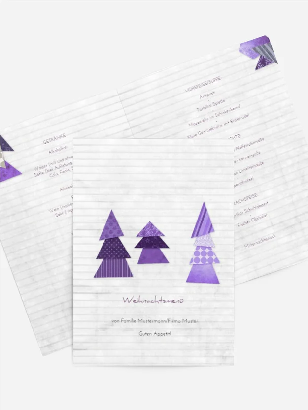 Weihnachtsmenükarte Schnipselbäume