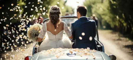 Brautpaar nach der Hochzeit im Carbrio umgeben von Blütenregen