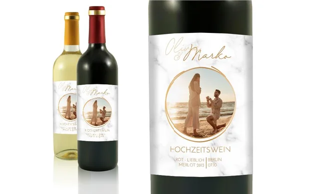 Hochzeit Flaschenetiketten Marmorkiste