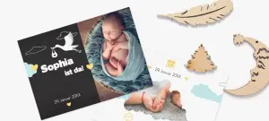 Dankeskarte als Babykarte zur Danksagung Geburt, mit Foto des Babys und Sprüchen auf Danksagungskarte