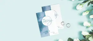 Kirchenheft Hochzeit Vorlage: Blaue Klappkarte als Idee zur Hochzeit. Vorlagen für Menükarten, Einladungskarten oder Dankeskarten.