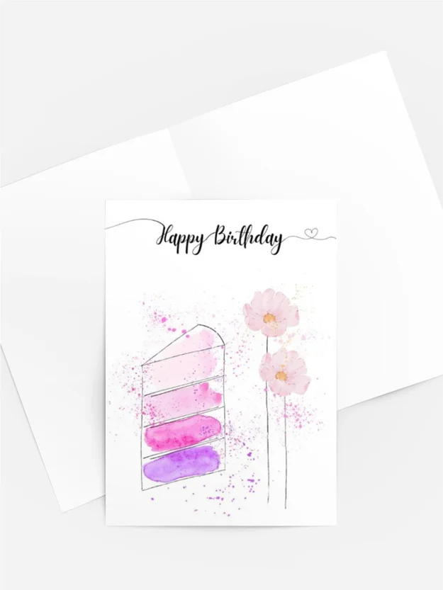 Postkarte „Happy Birthday“ – Aquarell Geburtstagskuchen in Rosa & Lila