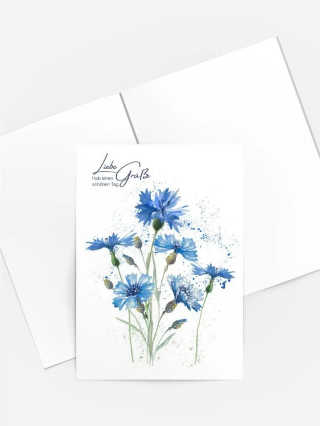 Aquarell-Grußkarte Kornblumen – Liebe Grüße & schöner Tag