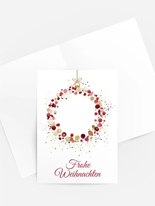 Weihnachtskarte „Goldene Eleganz“ mit Aquarell-Kugelkranz