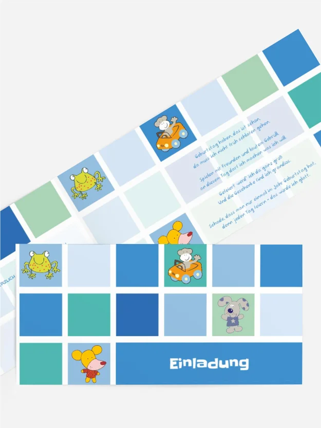 Einladungskarte Tierchen Würfel