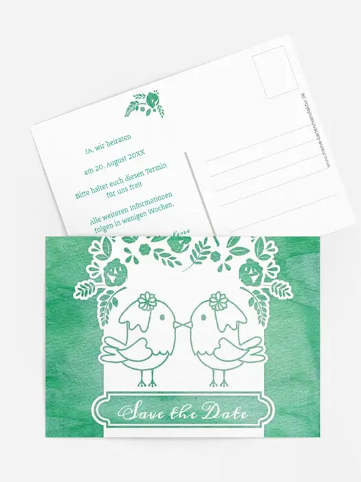 Save the Date Karte zur Hochzeit Vogelpaar Brautkleid